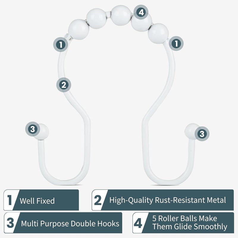 OEH Shower Curtain Hooks, Shower Curtain Rings, White Shower Curtain Hooks Rust Proof, Smooth Gliding Metal Shower Curtain Rings Rust Proof, Double Shower Rings for Curtain, 12 Pcs, White - Image 3